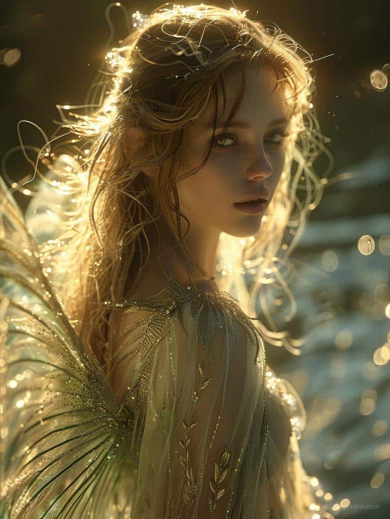 A serene sunset over a calm ocean with angelic light_3