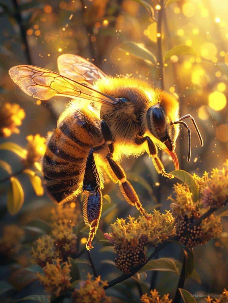 Bee hovering over a flower in a serene garden._3