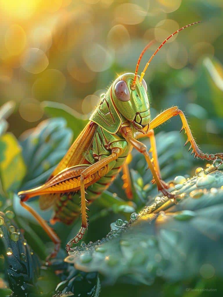 A green grasshopper perched on a leaf_3