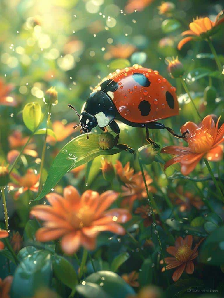 Ladybug resting on a green leaf in sunlight_4