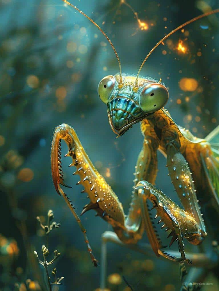 A praying mantis perched on a green leaf_3