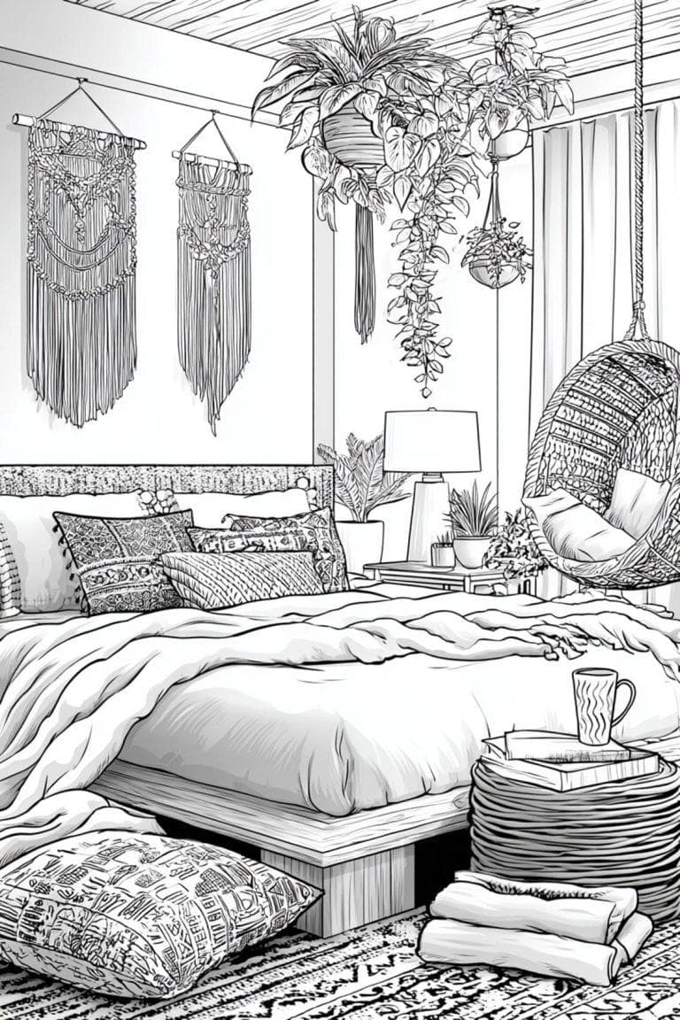 Coloring page of a cozy bedroom with bed and lamp_7