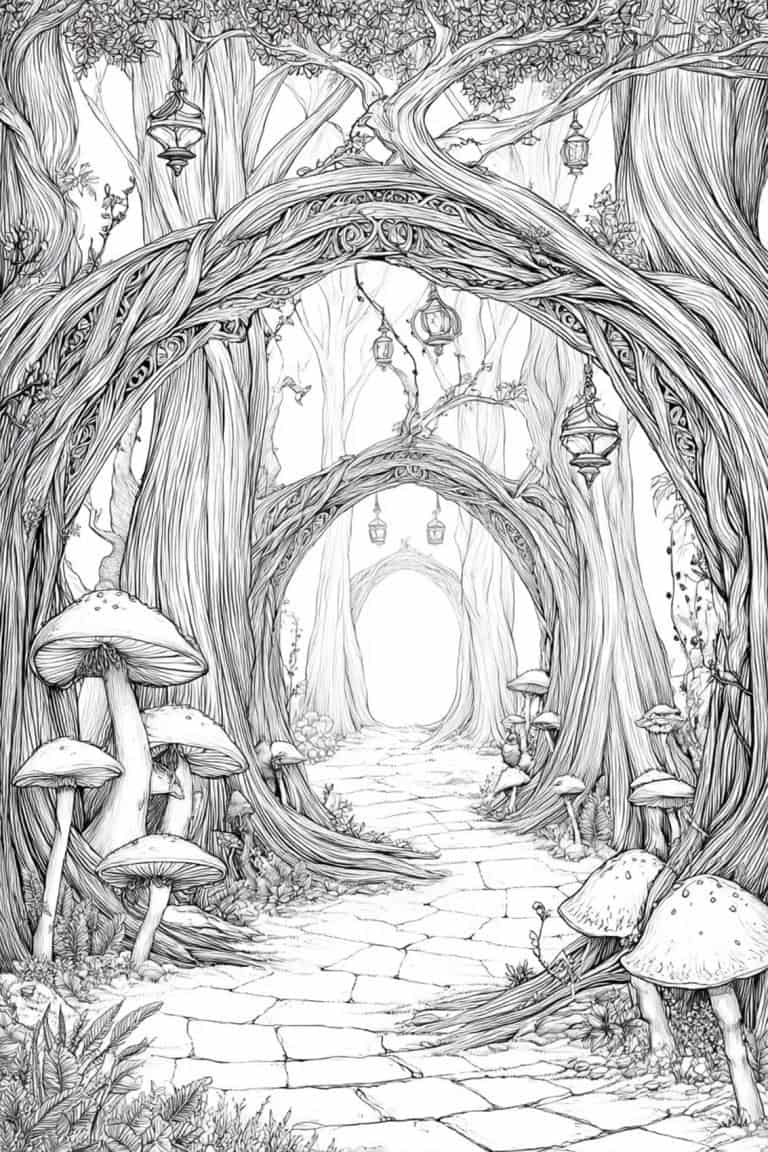 Intricate fantasy forest scene with mythical creatures coloring page_8