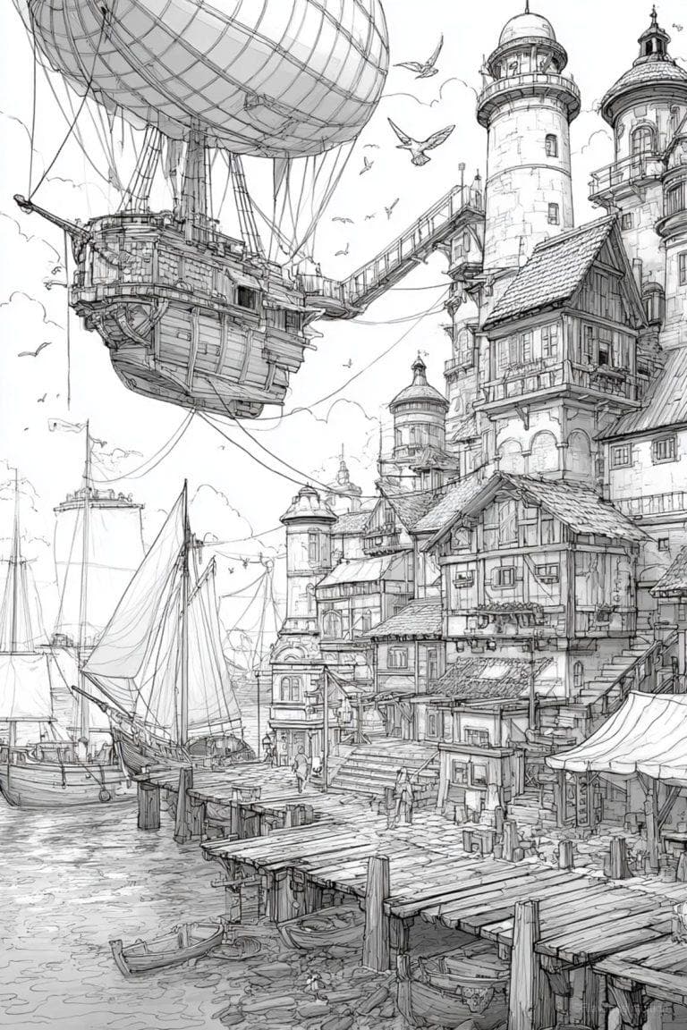 colorful fantasy town with castles and dragons illustration_1