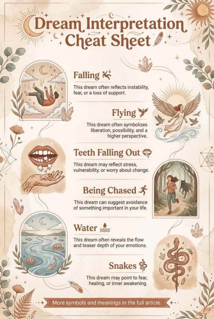 Dream interpretation chart with symbols and meanings