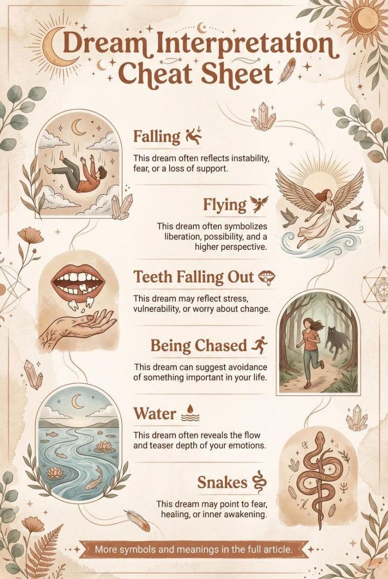 Dream interpretation chart with symbols and meanings